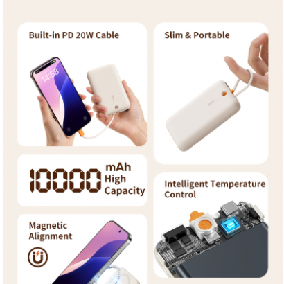 Pin Dự Phòng Không Dây Nam Châm ROCK P28 with Cable 10000mAh 20W