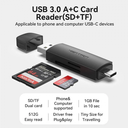 USB 2in1 3.0 A+C Card Reader(SD+TF) Vention 